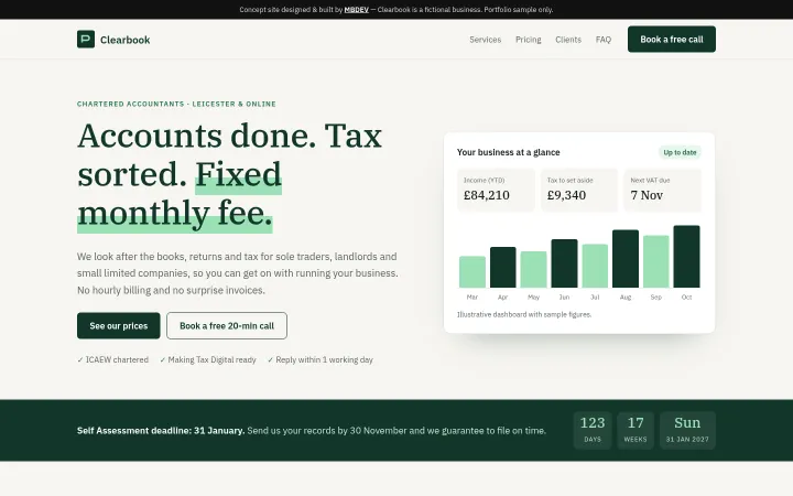 Clearbook Accountants concept homepage