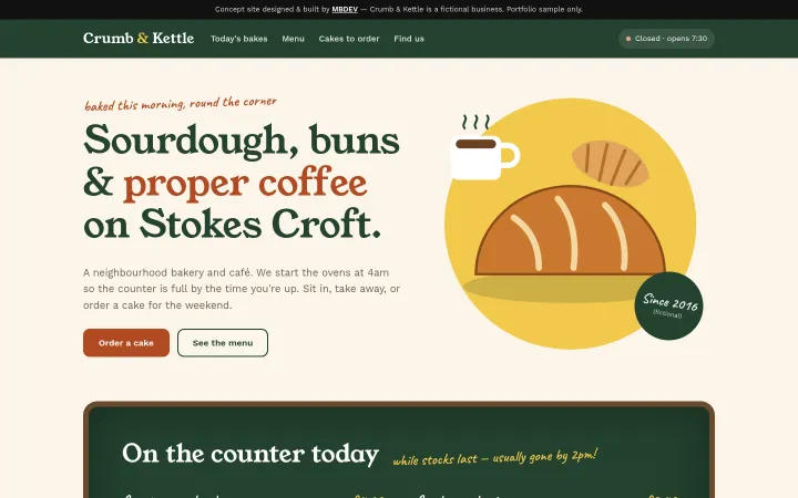 Crumb & Kettle concept homepage