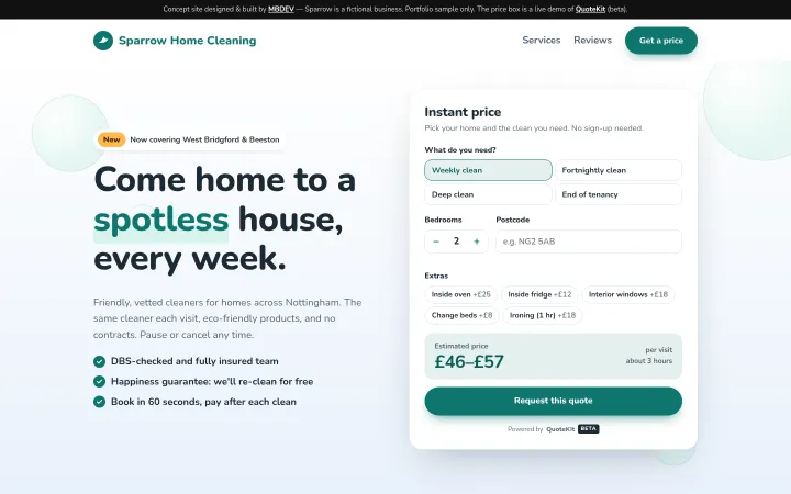 Sparrow Home Cleaning concept homepage