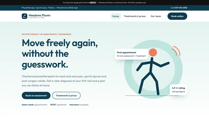 Meadows Physio concept homepage