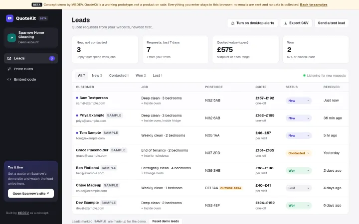 QuoteKit leads dashboard with a list of quote requests