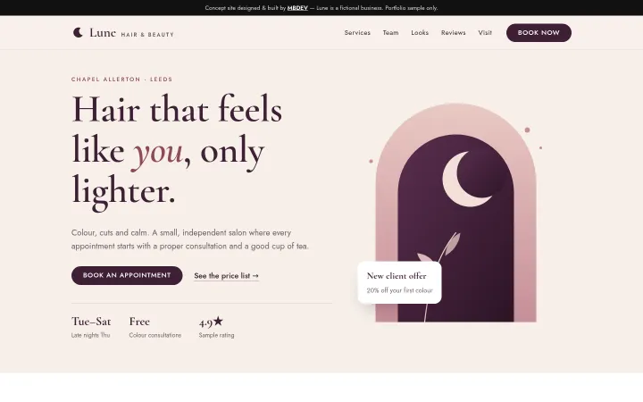 Lune Hair & Beauty concept homepage