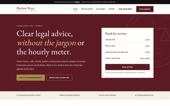 Harlow Pryce Solicitors concept homepage