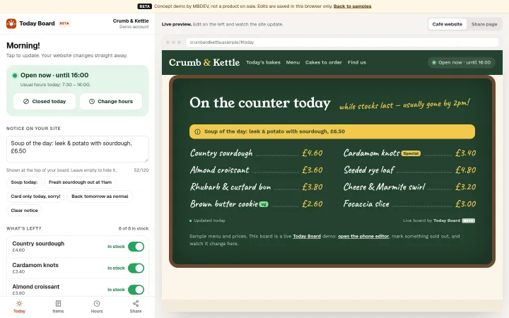 Today Board phone editor next to the Crumb & Kettle website it updates
