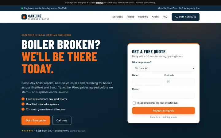 Oakline Plumbing & Heating concept homepage